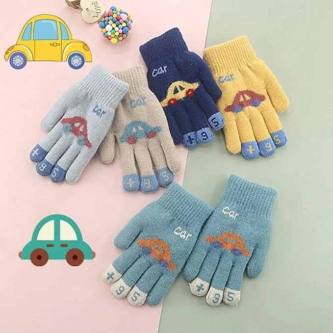 Kids Winter Gloves Warm Faux Wool Thermal Gloves for 3-8 Year Olds | Elastic Knit Gloves with Car Pattern | Ideal for boy and girls