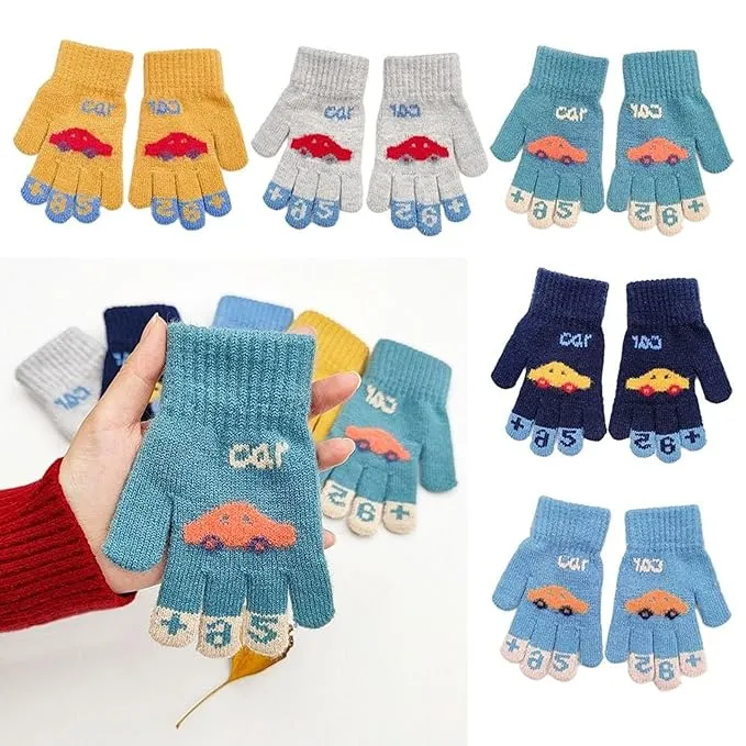Kids Winter Gloves Warm Faux Wool Thermal Gloves for 3-8 Year Olds | Elastic Knit Gloves with Car Pattern | Ideal for boy and girls