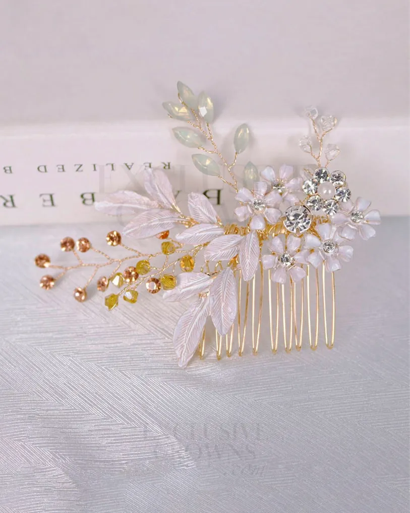 Kira Blush Floral Headpiece Comb Gold