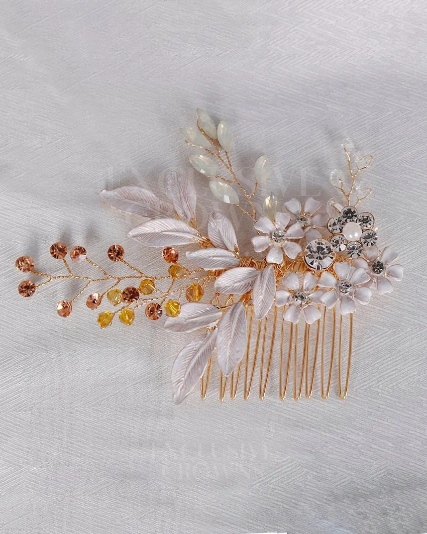 Kira Blush Floral Headpiece Comb Gold