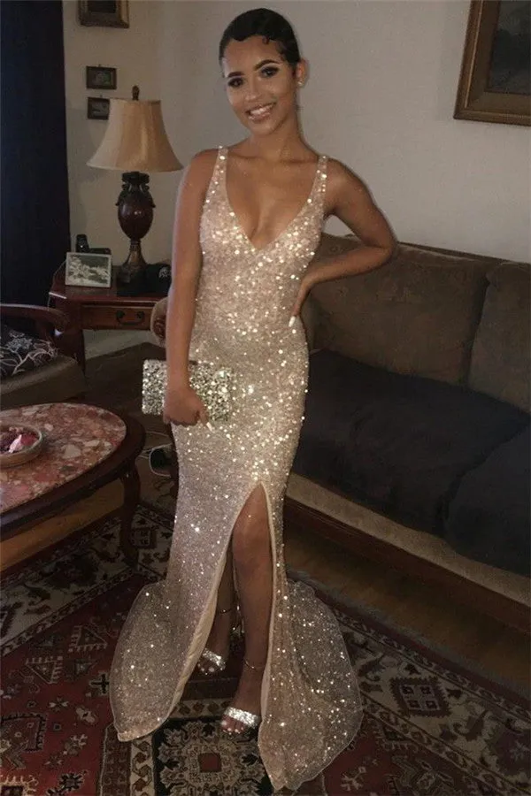 Mermaid Chic Sequins Straps V-Neck Side-Slit Evening Dresses