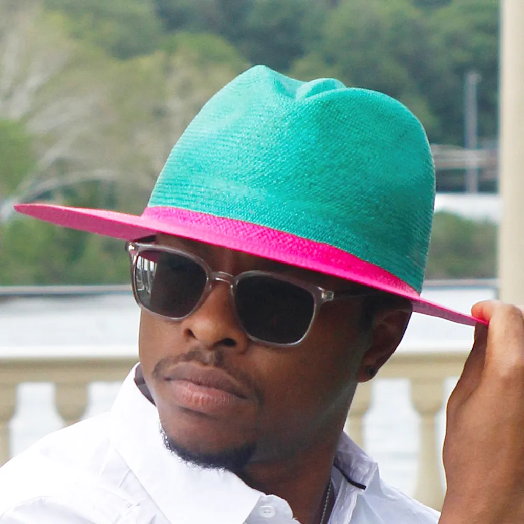 MH1716-Green/Pink Panama Straw Fedora Hat