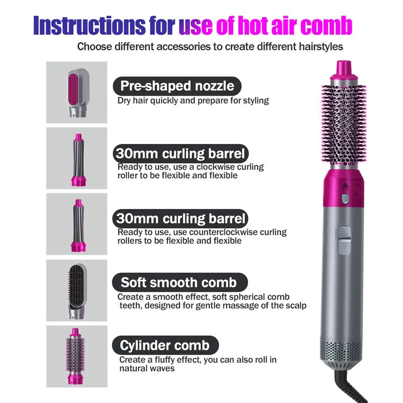 Multifunctional 5 In 1 Warm-Air Comb Hair Comb Curlers Straight Comb Hair Dryer(2*curler 1*straight 1*dryer 1*comb)