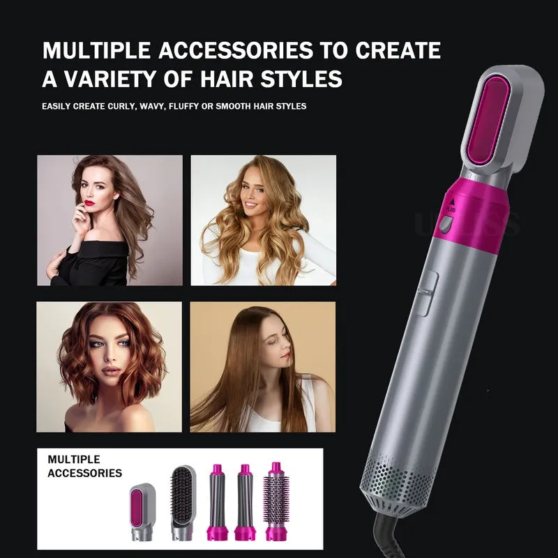 Multifunctional 5 In 1 Warm-Air Comb Hair Comb Curlers Straight Comb Hair Dryer(2*curler 1*straight 1*dryer 1*comb)