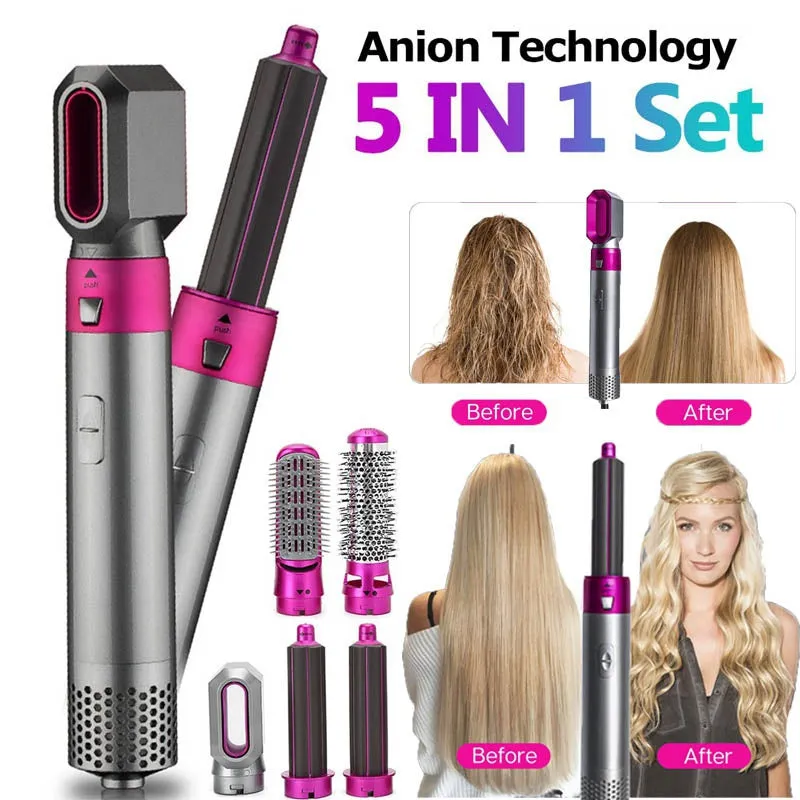 Multifunctional 5 In 1 Warm-Air Comb Hair Comb Curlers Straight Comb Hair Dryer(2*curler 1*straight 1*dryer 1*comb)