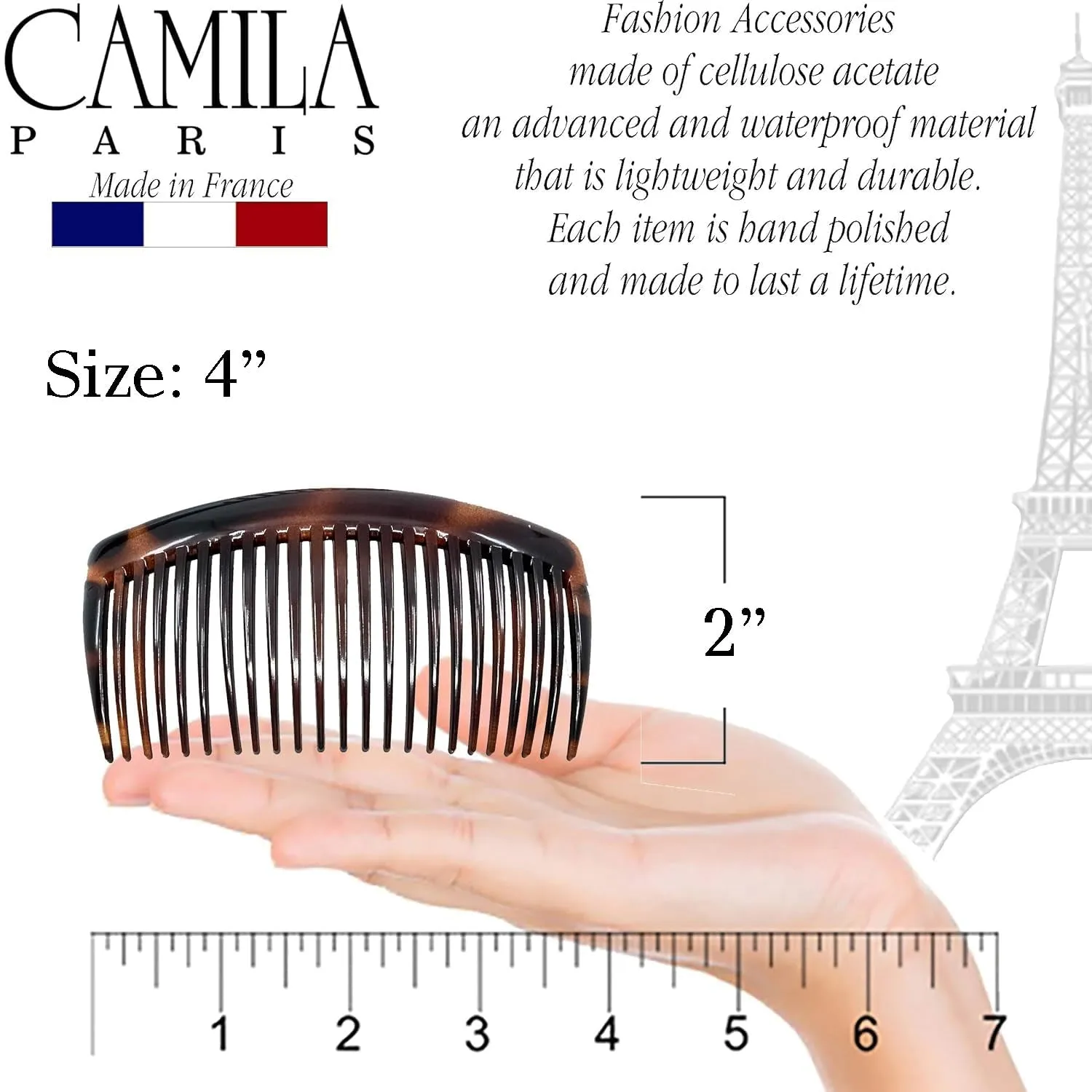 Paris AD66/2 French Side Comb Large Curved Tortoiseshell Hair Combs for Women Fine Hair, 4 Inch Strong Hold Hair Comb for Women Bun Chignon Up-Do Styling Girls Hair Accessories, Made in France