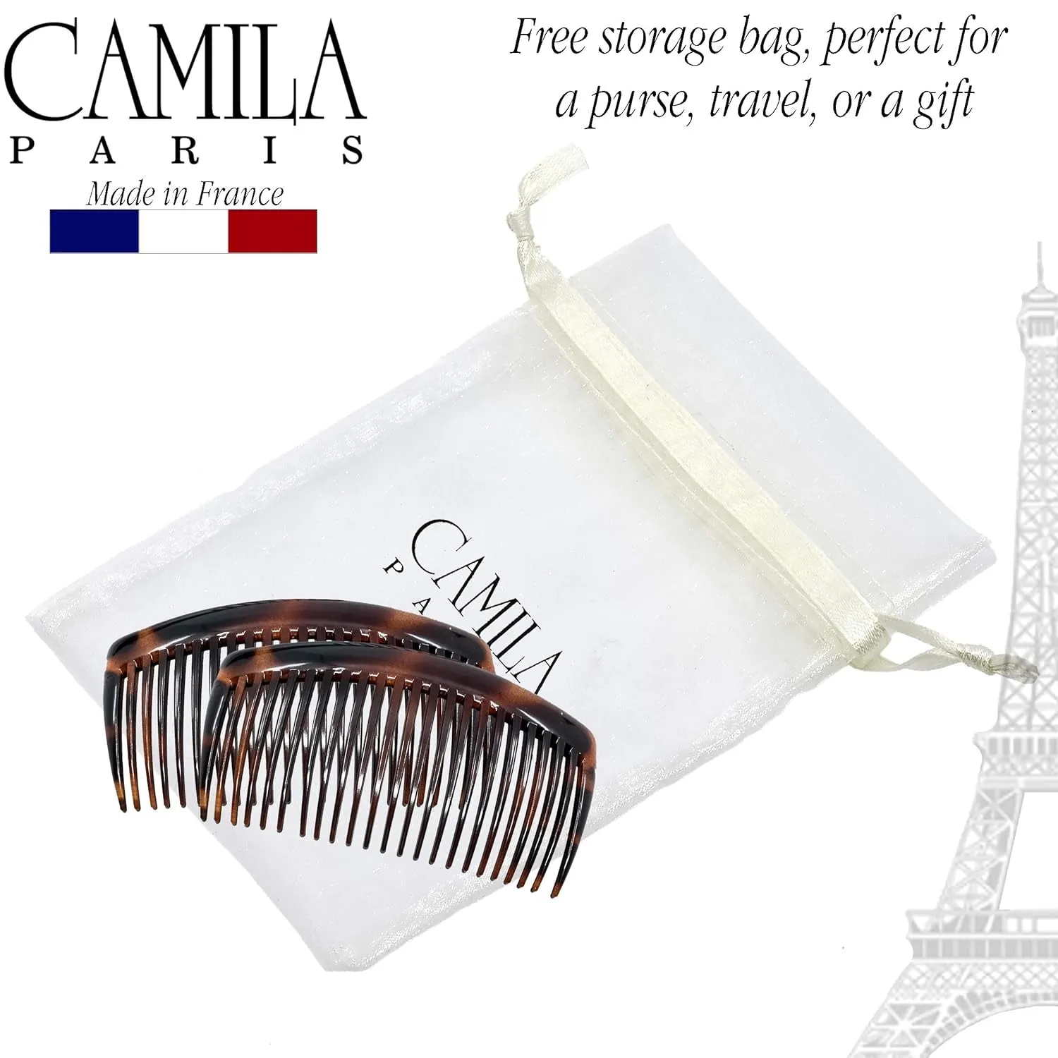 Paris AD66/2 French Side Comb Large Curved Tortoiseshell Hair Combs for Women Fine Hair, 4 Inch Strong Hold Hair Comb for Women Bun Chignon Up-Do Styling Girls Hair Accessories, Made in France