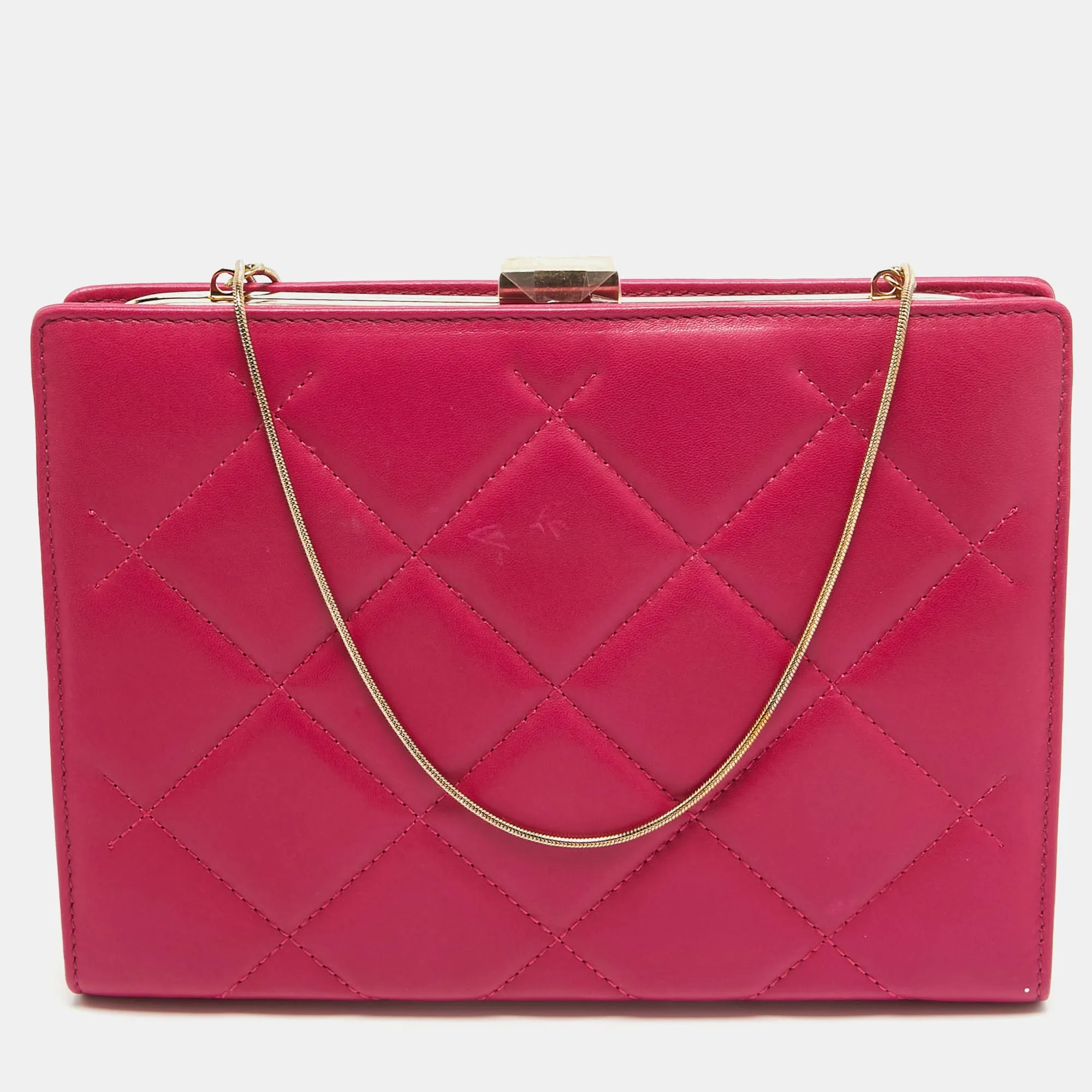 Pink Quilted Leather Frame Chain Clutch