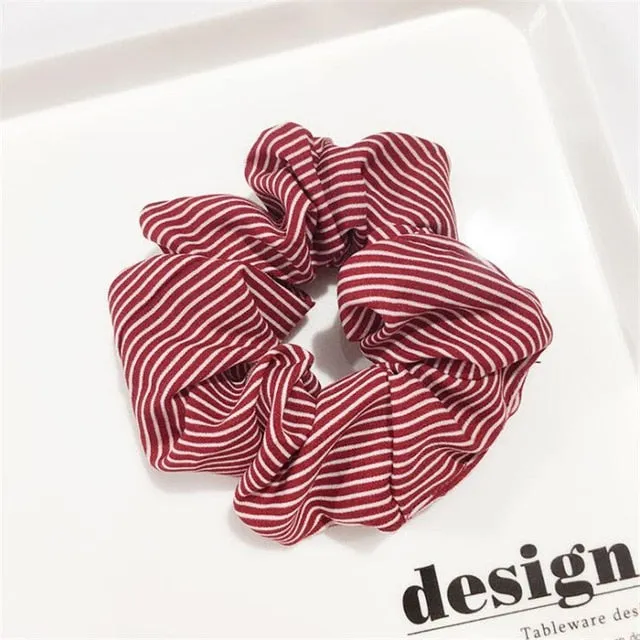 Polka Dot Stripe Lattice Cloth Scrunchie Women Girls Elastic Hair Rubber Band Accessories For Women Tie Hair Ring Rope Headdress