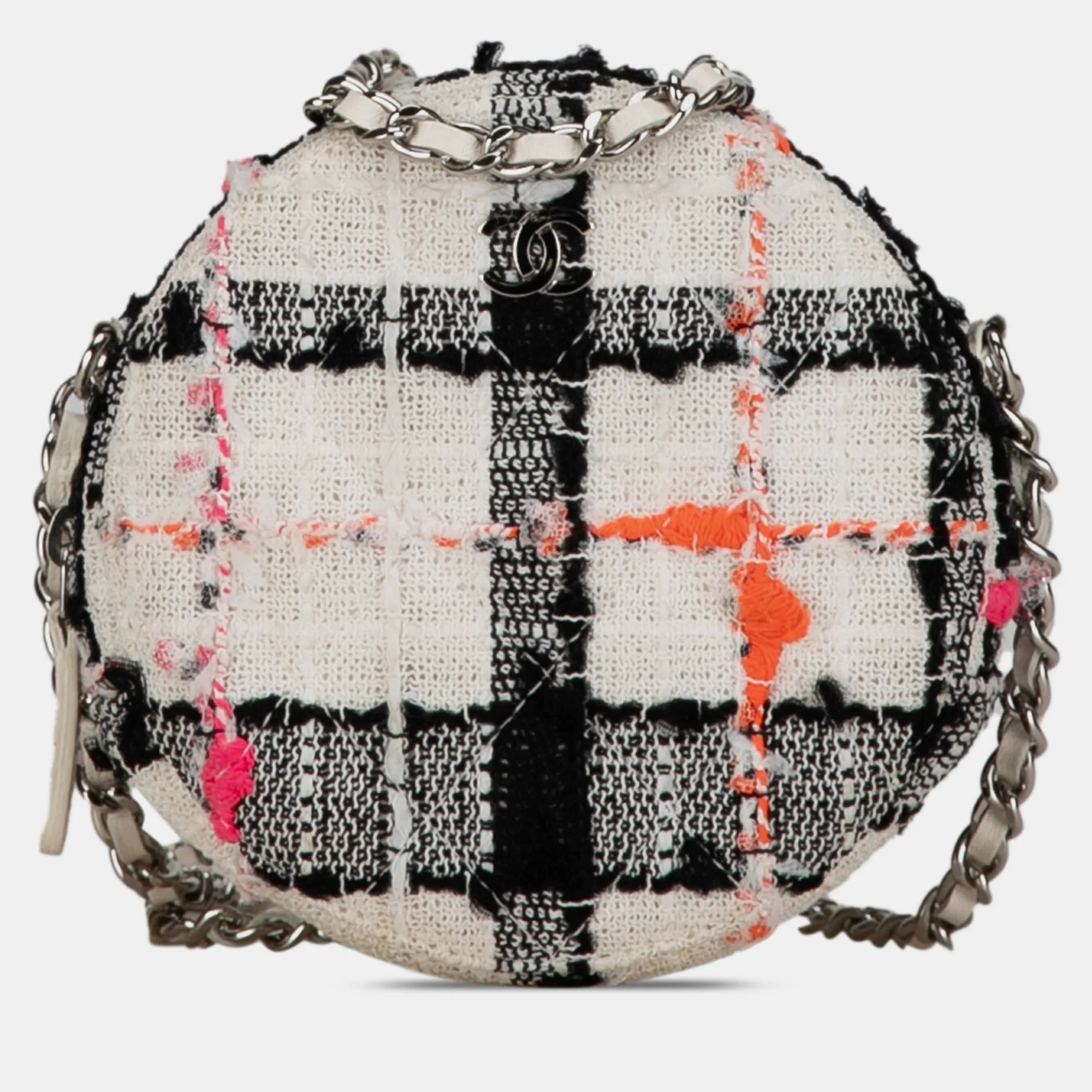 Quilted Tweed Round Clutch With Chain