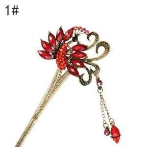 Retro Vintage Style Bridal Wedding Party Hairpins Elegant Women Colorful Butterfly Flower Hair Sticks Rhinestone Hair Accessory