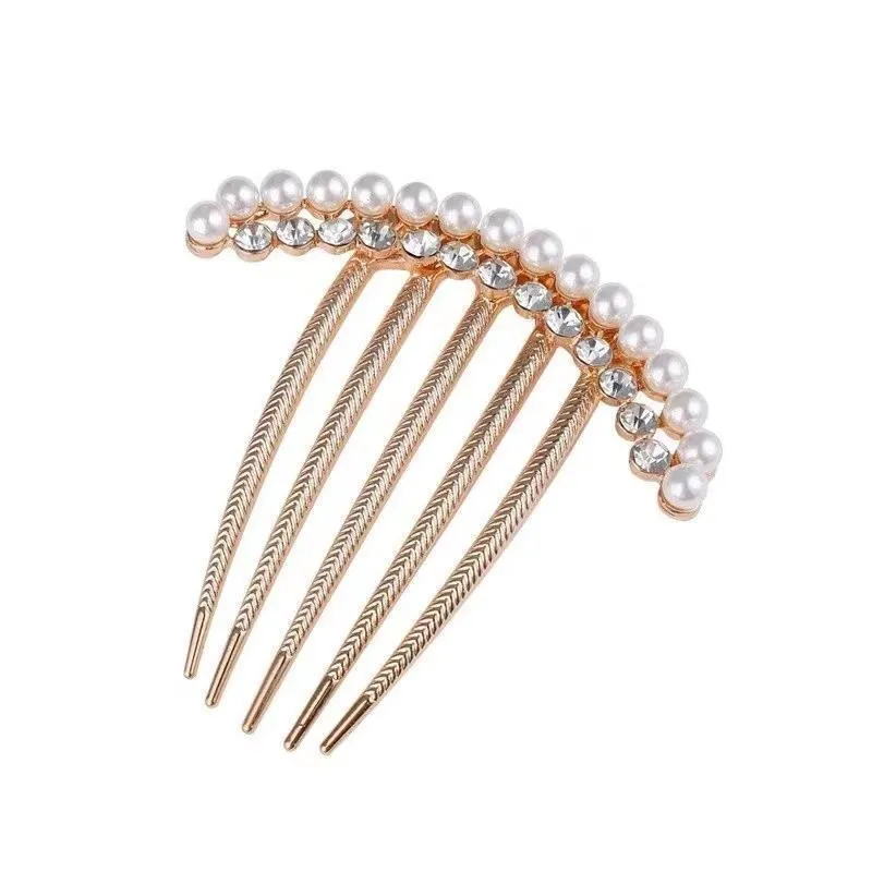 Rhinestone Pearl  Hair Comb Golden Temperament Ornament  Hair Comb Temperament