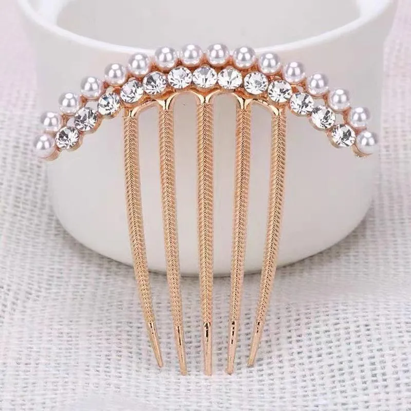 Rhinestone Pearl  Hair Comb Golden Temperament Ornament  Hair Comb Temperament