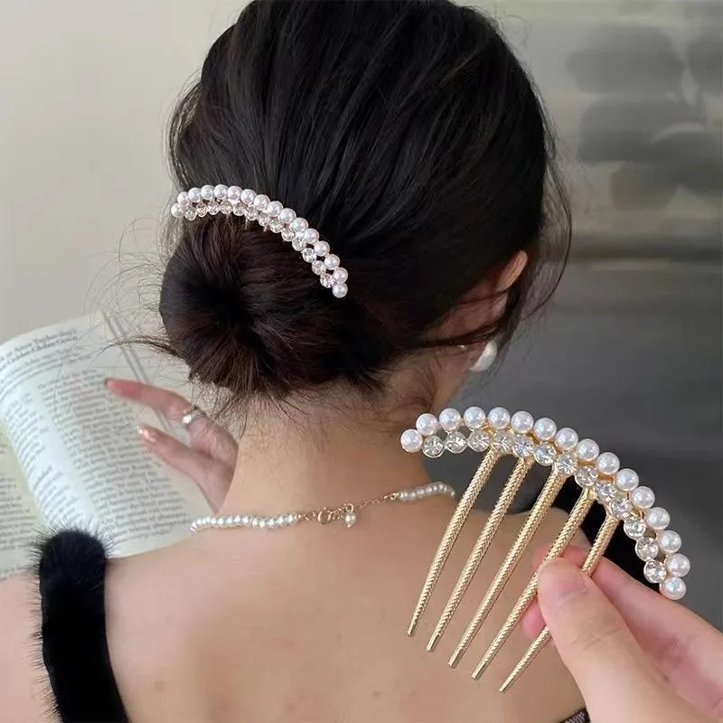 Rhinestone Pearl  Hair Comb Golden Temperament Ornament  Hair Comb Temperament