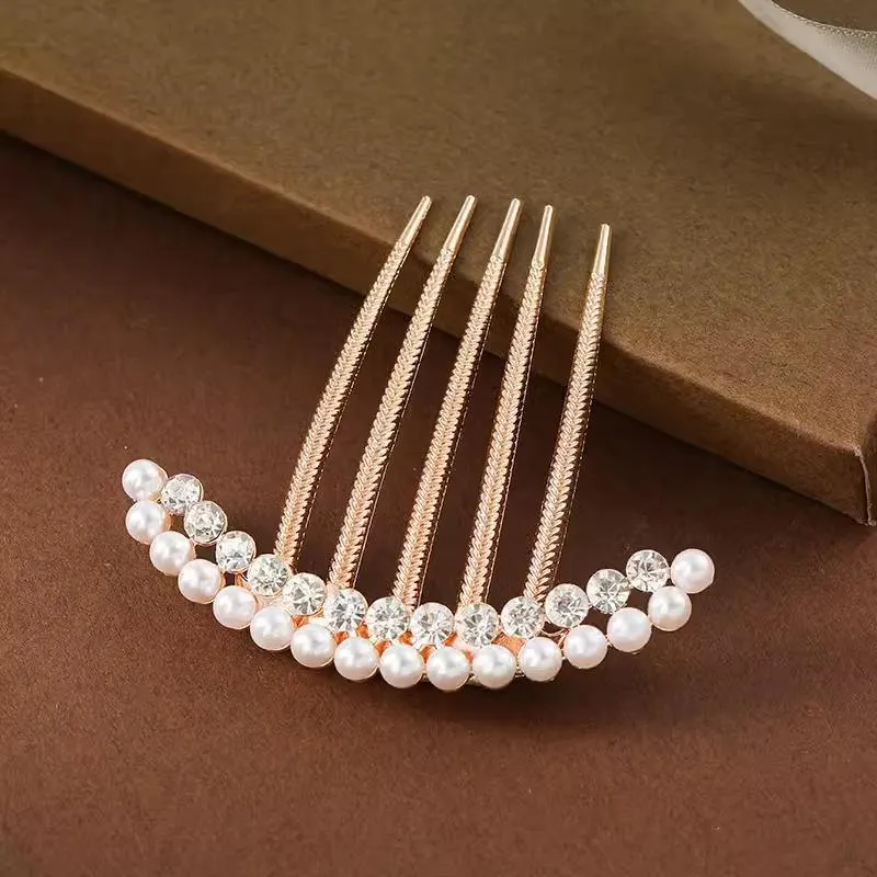 Rhinestone Pearl  Hair Comb Golden Temperament Ornament  Hair Comb Temperament