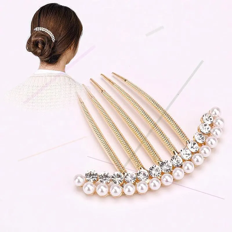Rhinestone Pearl  Hair Comb Golden Temperament Ornament  Hair Comb Temperament