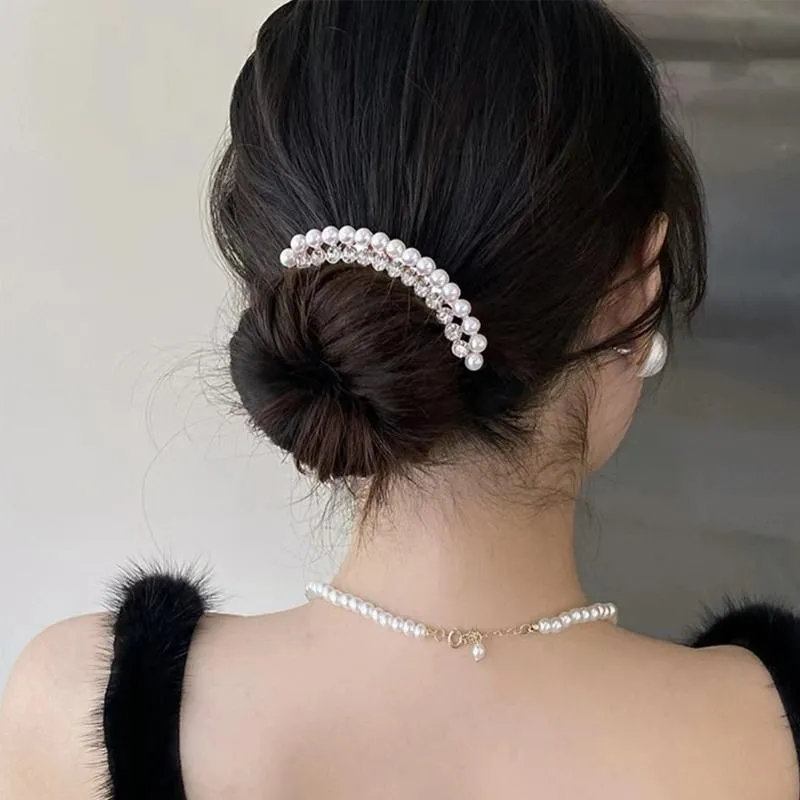 Rhinestone Pearl  Hair Comb Golden Temperament Ornament  Hair Comb Temperament