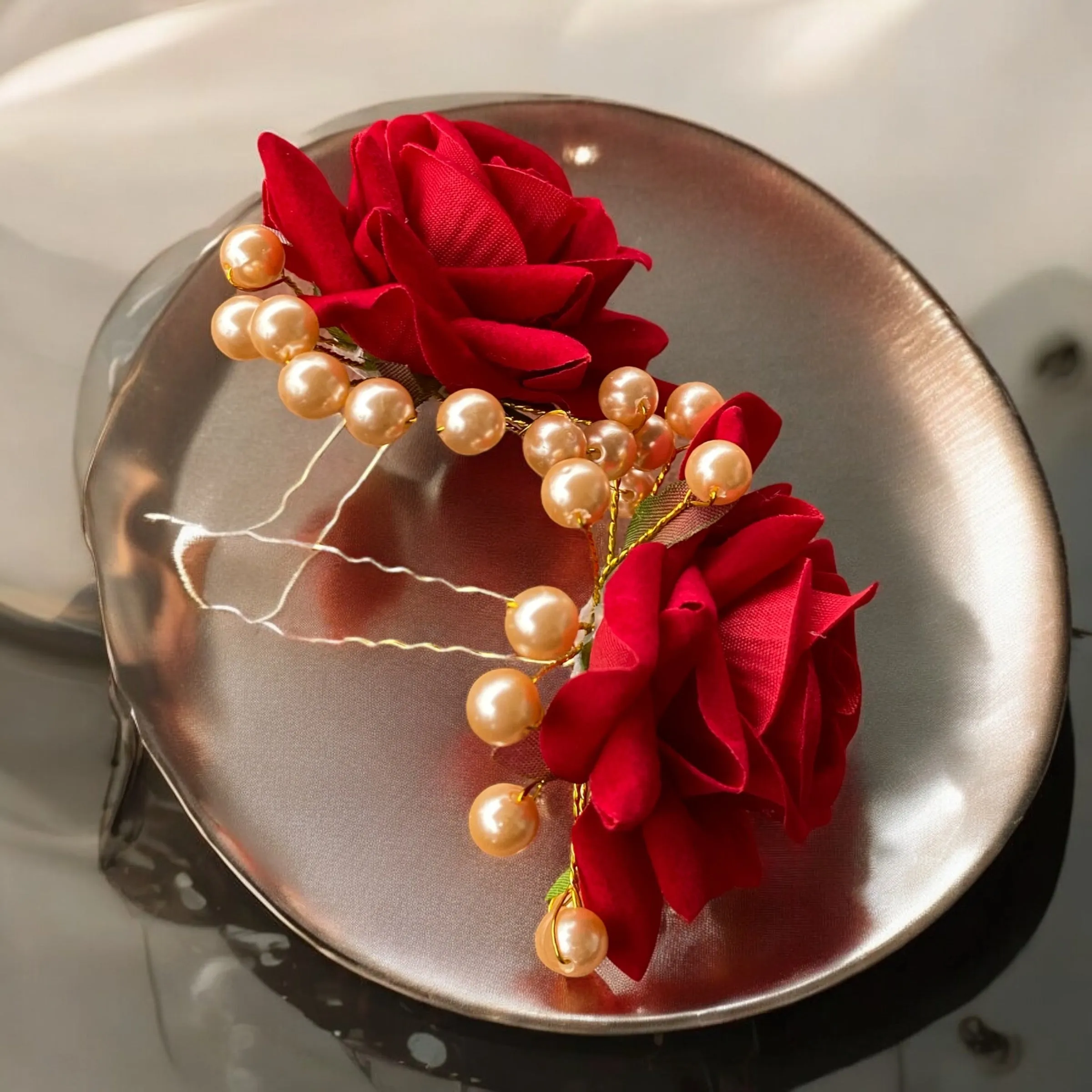 Rose Red Flower Hair Pins Pair