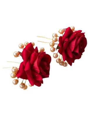 Rose Red Flower Hair Pins Pair