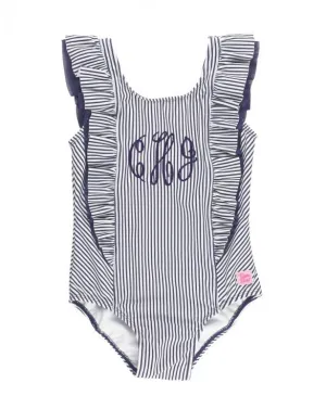 RuffleButts Navy Stripe Waterfall One Piece