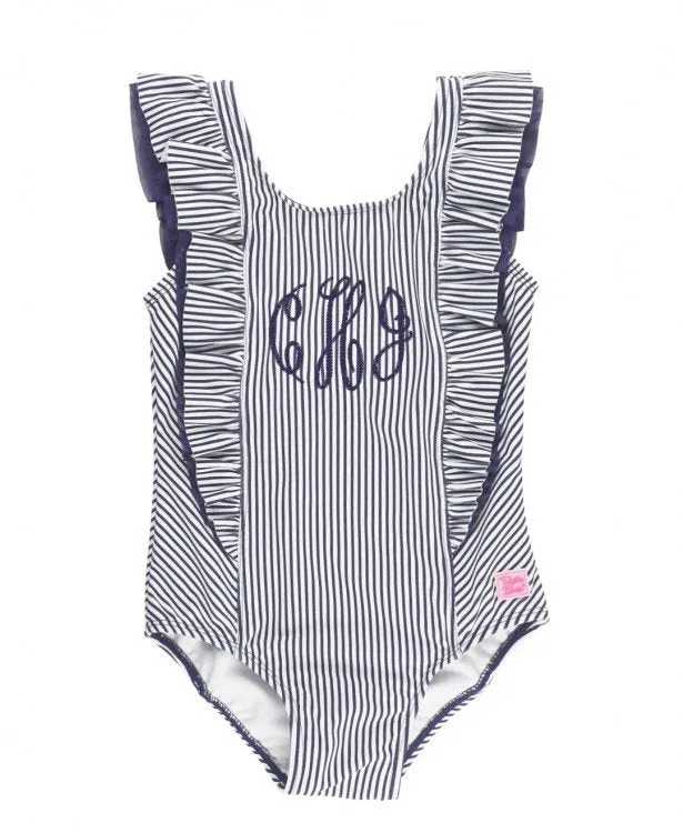 RuffleButts Navy Stripe Waterfall One Piece