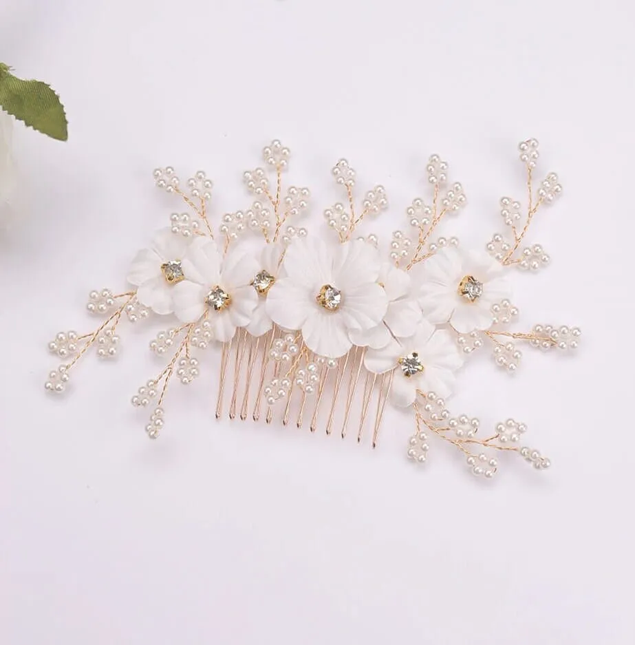 Silk White Flower Bridal Hair Comb, Wedding Floral Gold Hairpiece, Bridesmaid Silk Floral Hairpiece