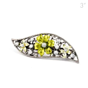 Small Vintage Metal Barrette with Green Flowers and Crystals