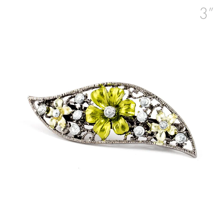 Small Vintage Metal Barrette with Green Flowers and Crystals