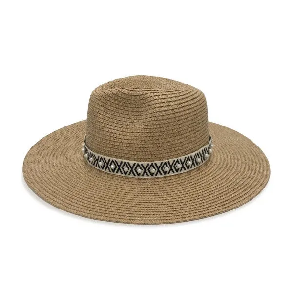 Straw Panama Hat With Aztec Band And Pearl Accents