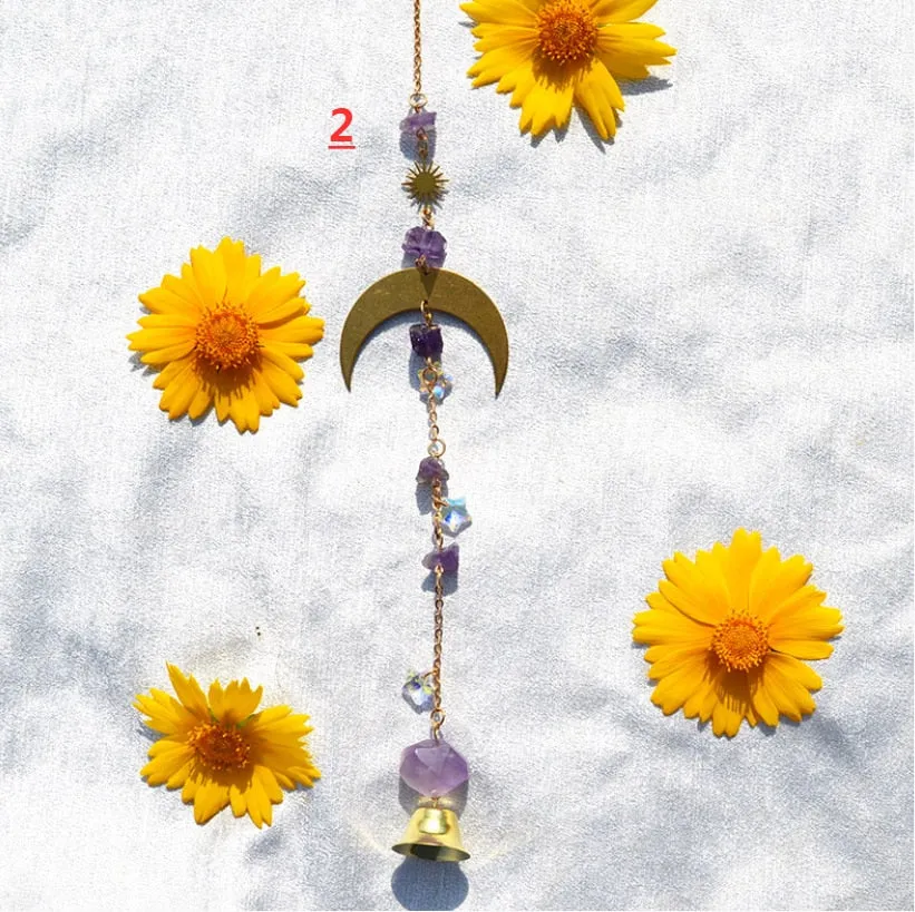 Sun Star Moon Wind Chime K9 Crystal Sunlight Catcher Large Natural Amethyst Home Decoration Door and Window Car Pendant Gift