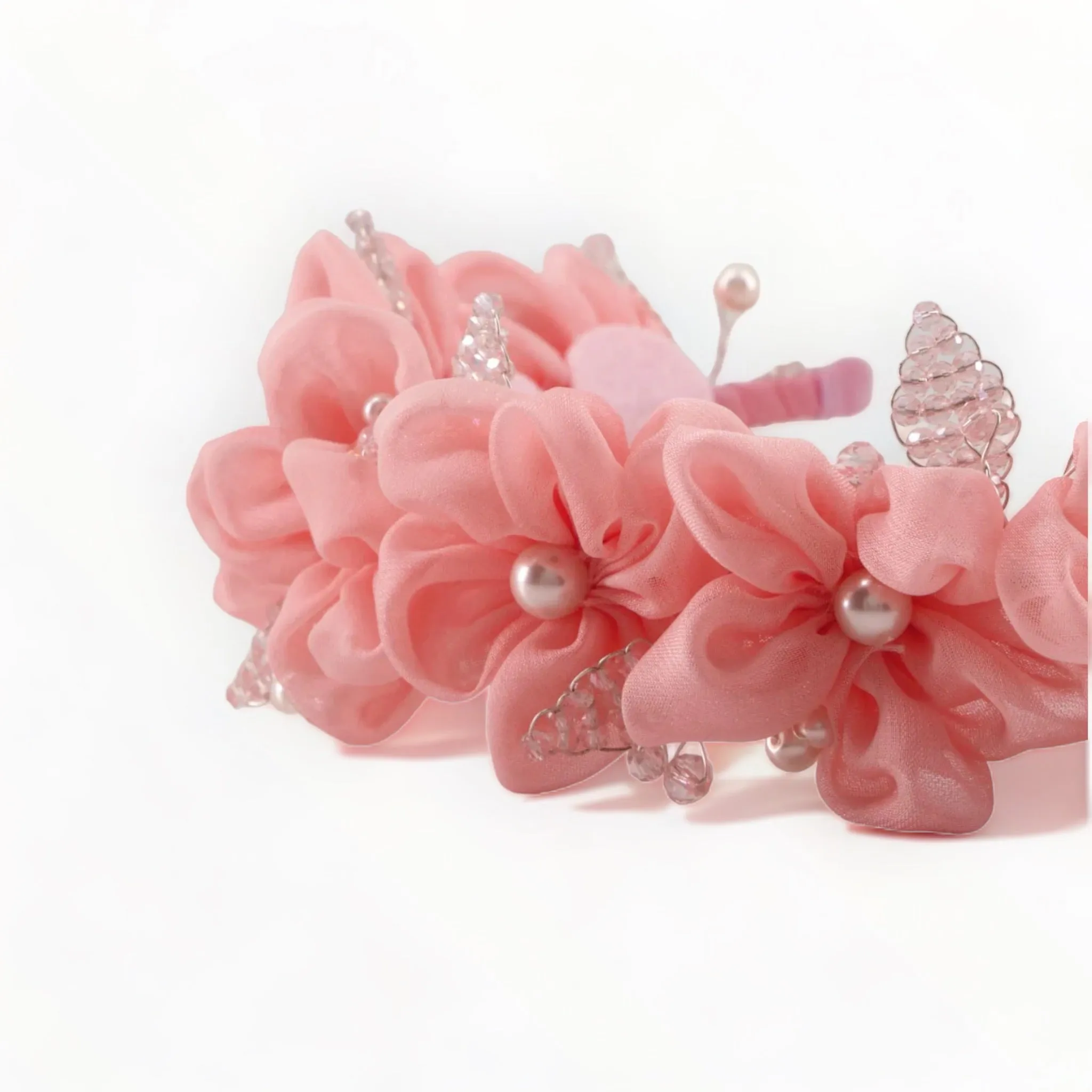 The Mila Pink Flowers with Pearls & Crystals Headband