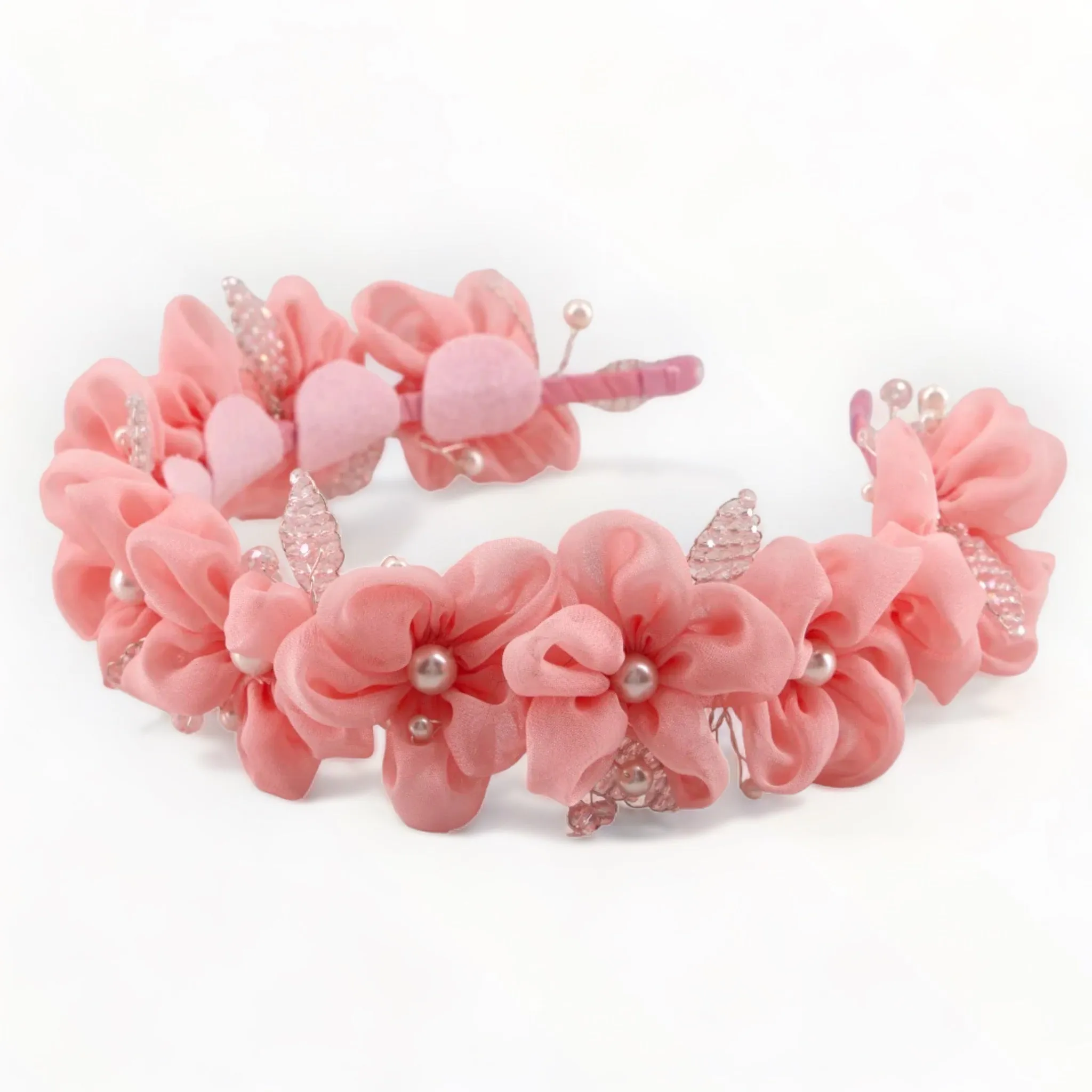 The Mila Pink Flowers with Pearls & Crystals Headband