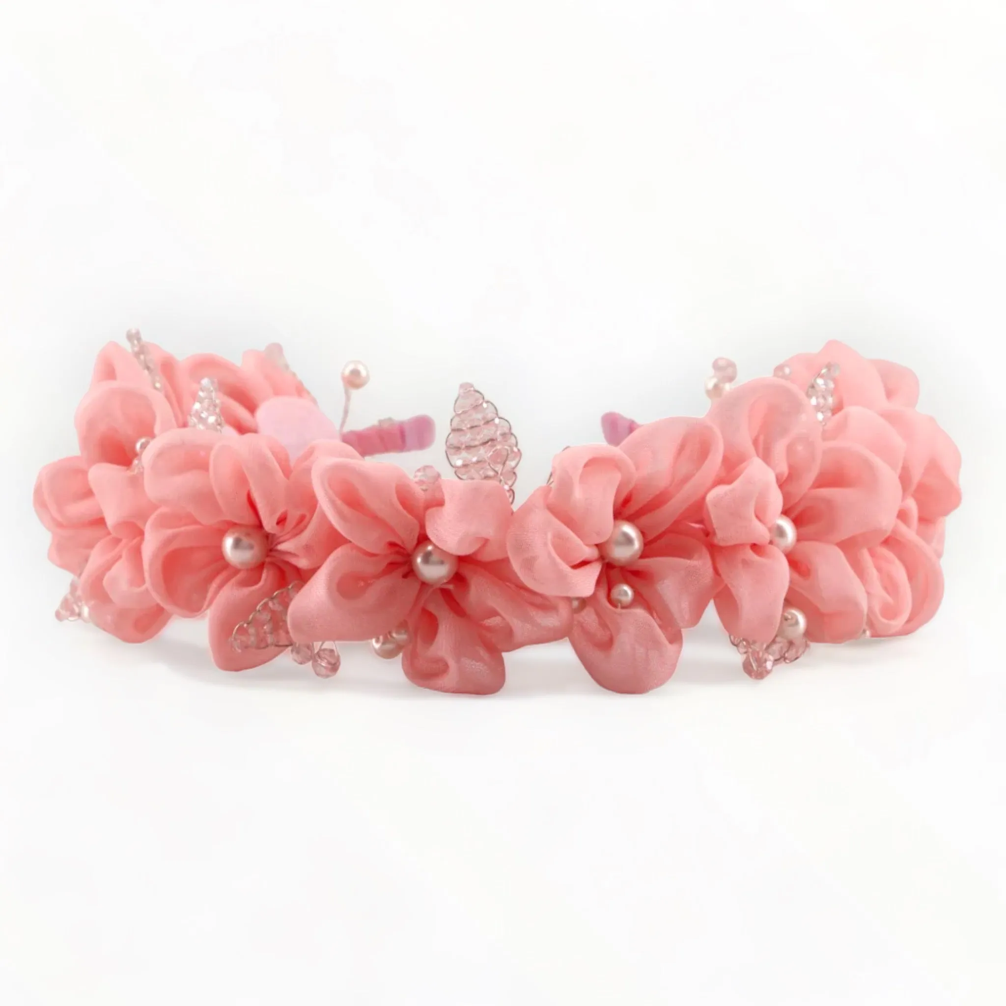 The Mila Pink Flowers with Pearls & Crystals Headband