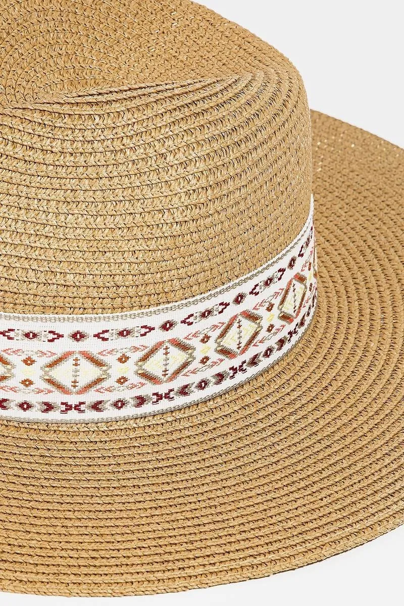 UBH047 Straw Fedora Embroidered Ivory