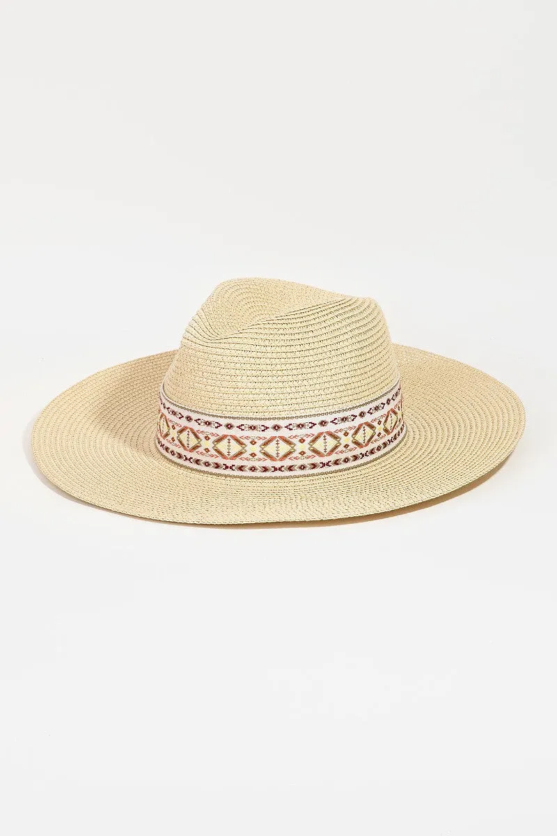 UBH047 Straw Fedora Embroidered Ivory