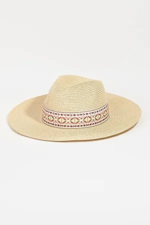 UBH047 Straw Fedora Embroidered Ivory