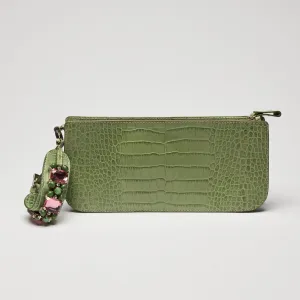 Valentino Green Crocodile Embossed Leather Clutch with Crystal Embellished Wrist Strap