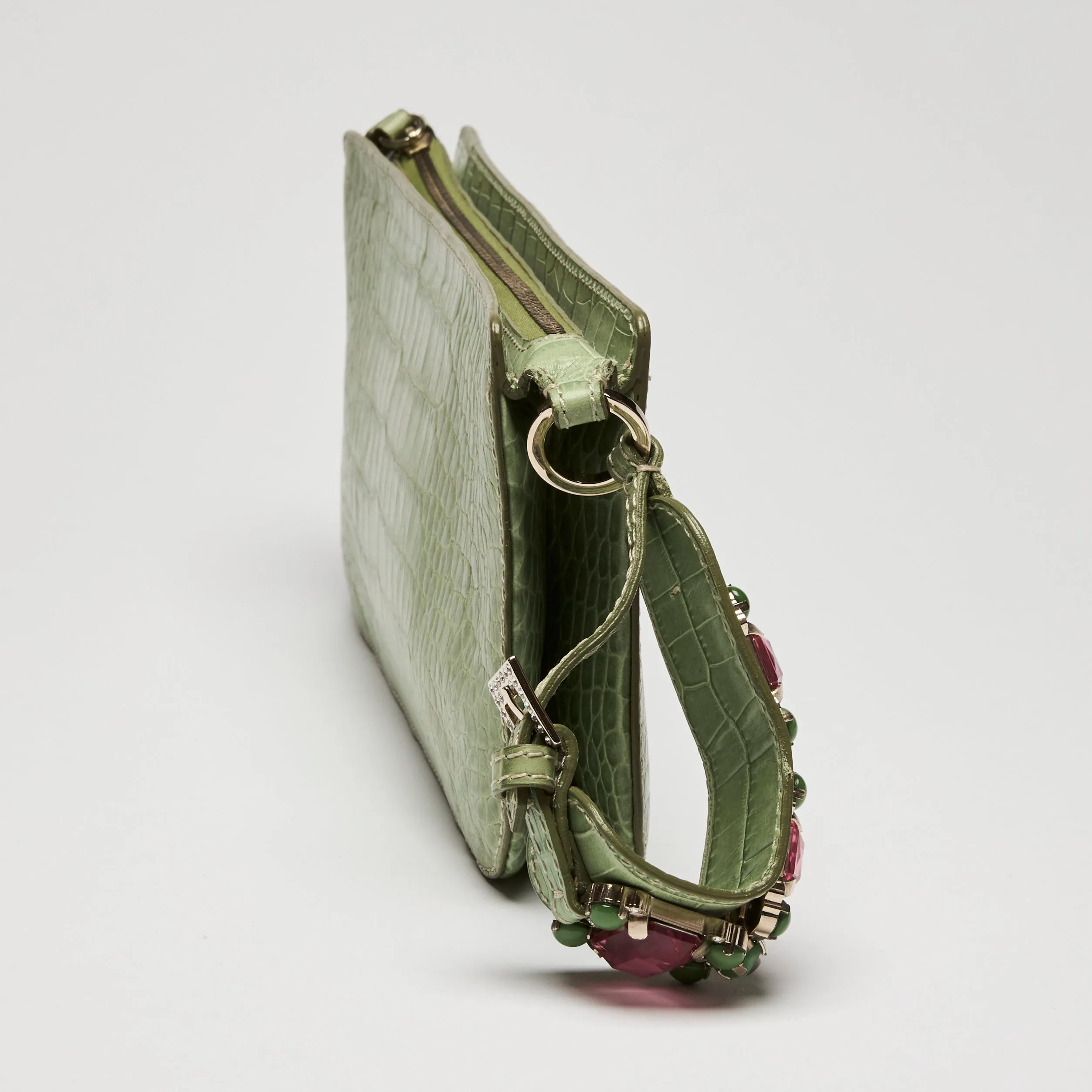 Valentino Green Crocodile Embossed Leather Clutch with Crystal Embellished Wrist Strap
