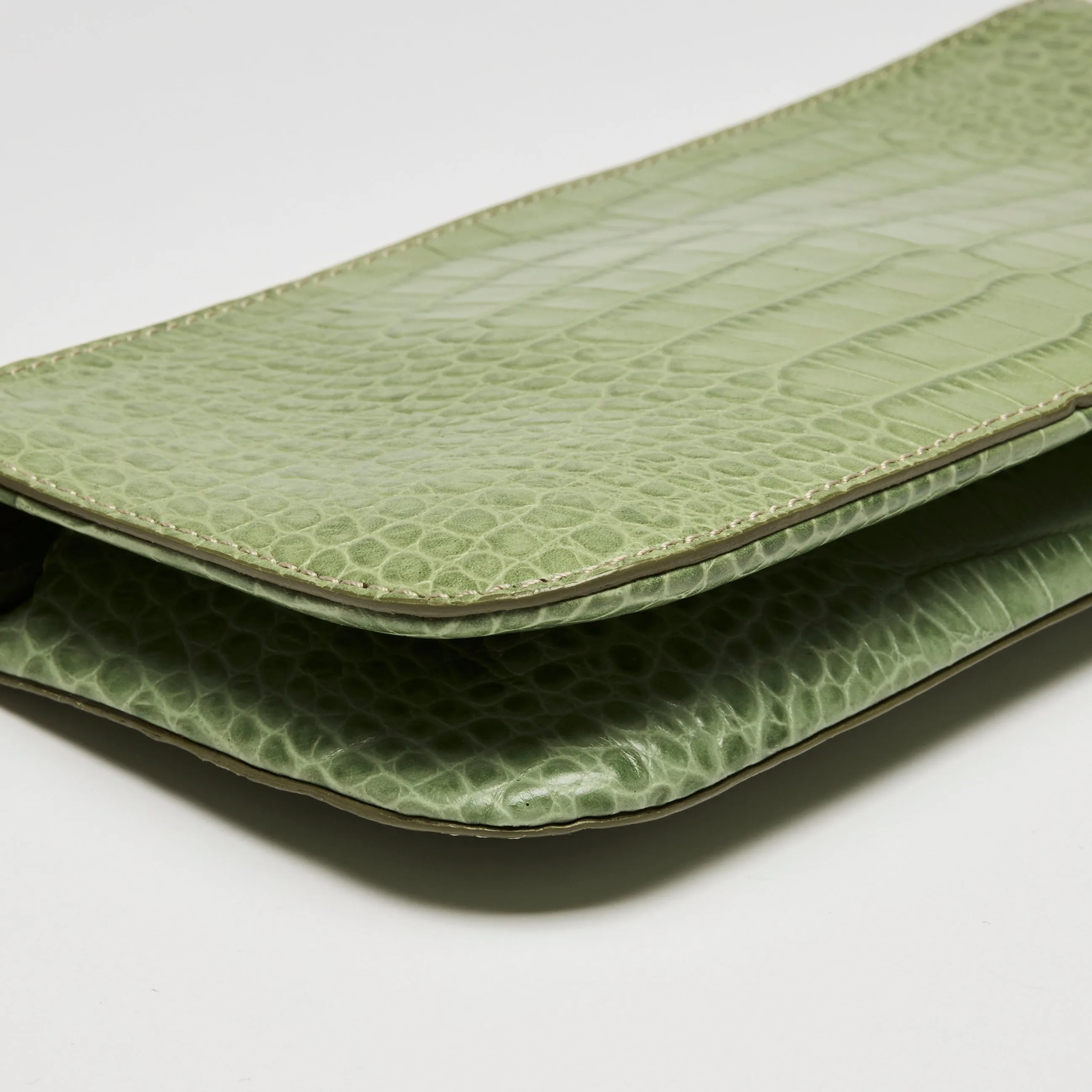 Valentino Green Crocodile Embossed Leather Clutch with Crystal Embellished Wrist Strap