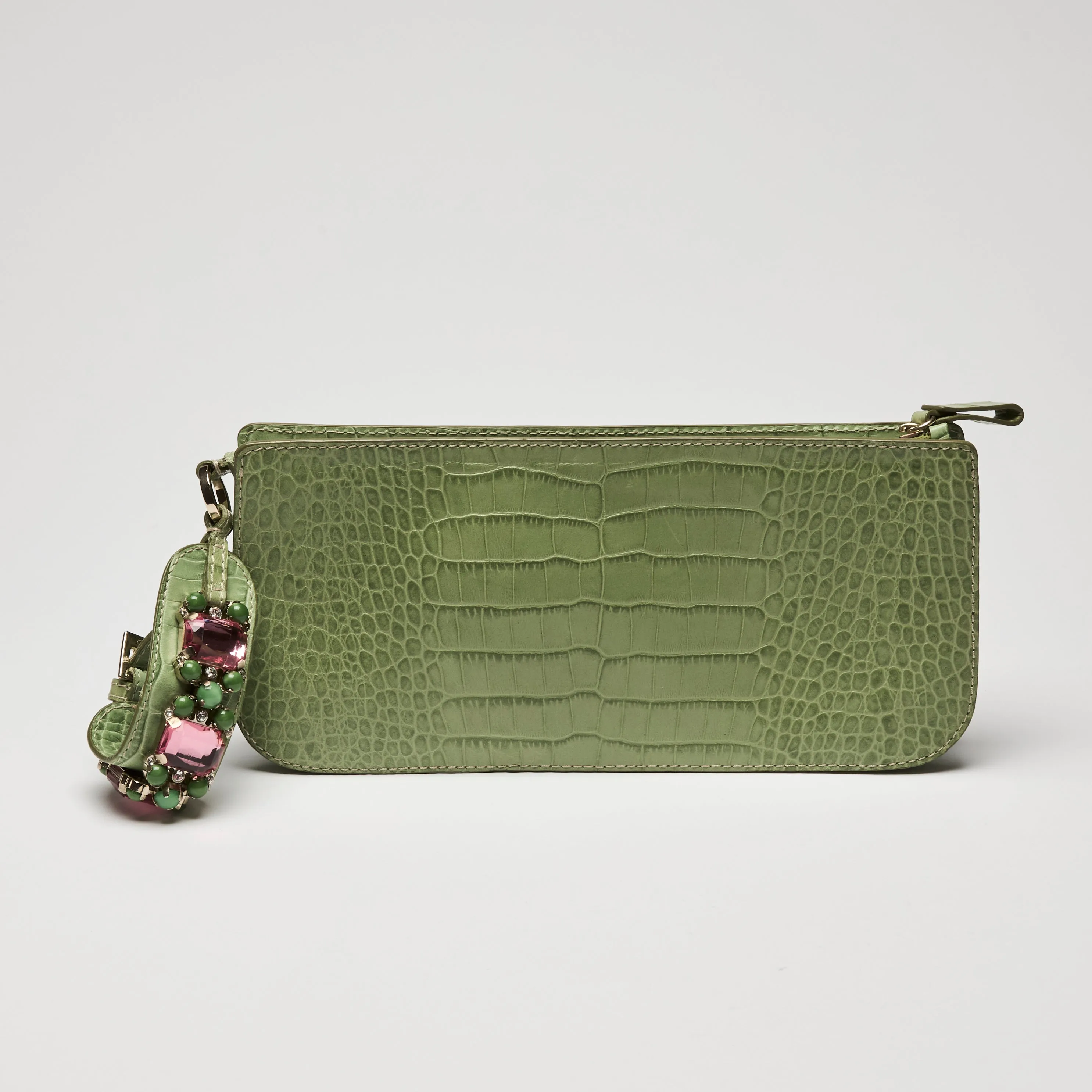 Valentino Green Crocodile Embossed Leather Clutch with Crystal Embellished Wrist Strap