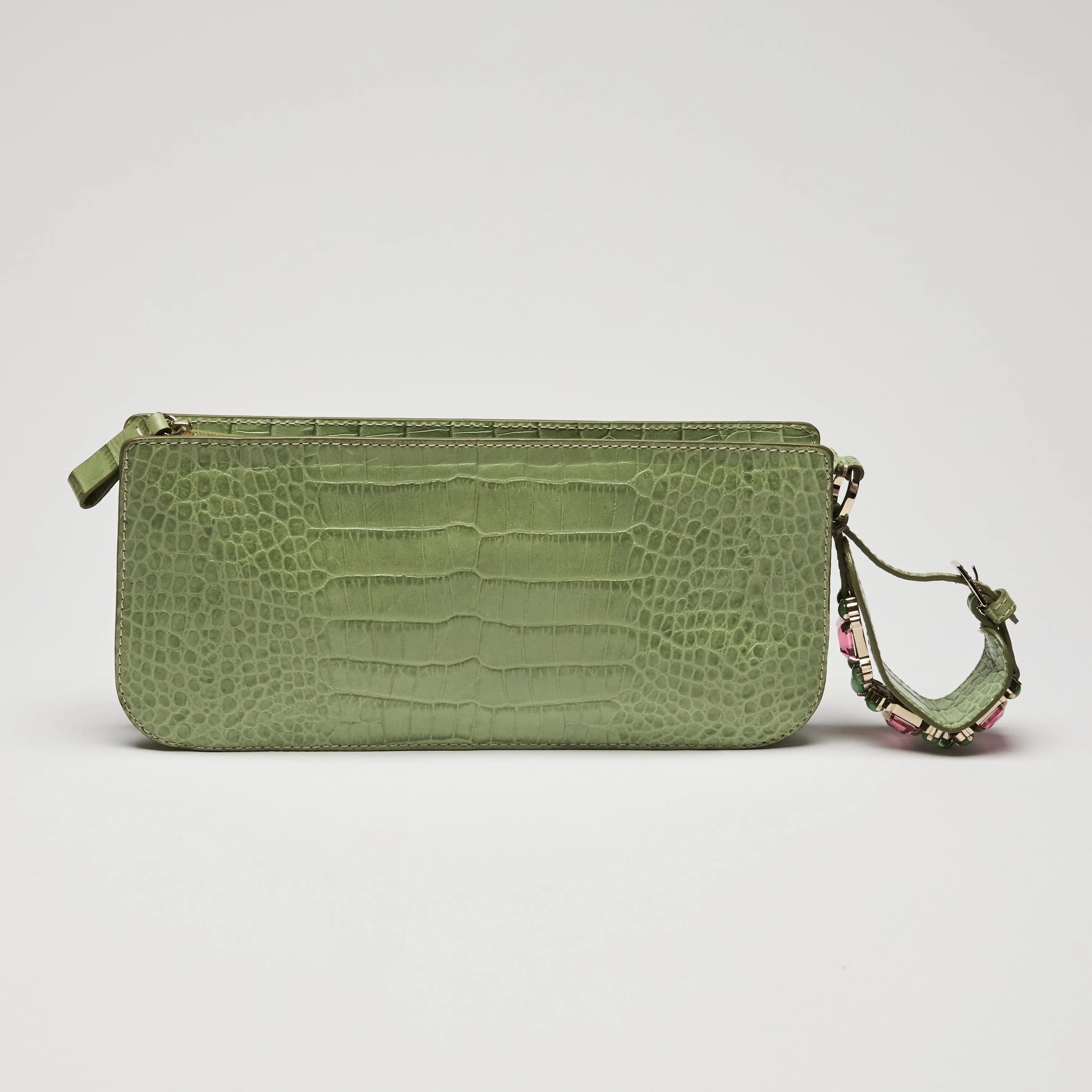 Valentino Green Crocodile Embossed Leather Clutch with Crystal Embellished Wrist Strap