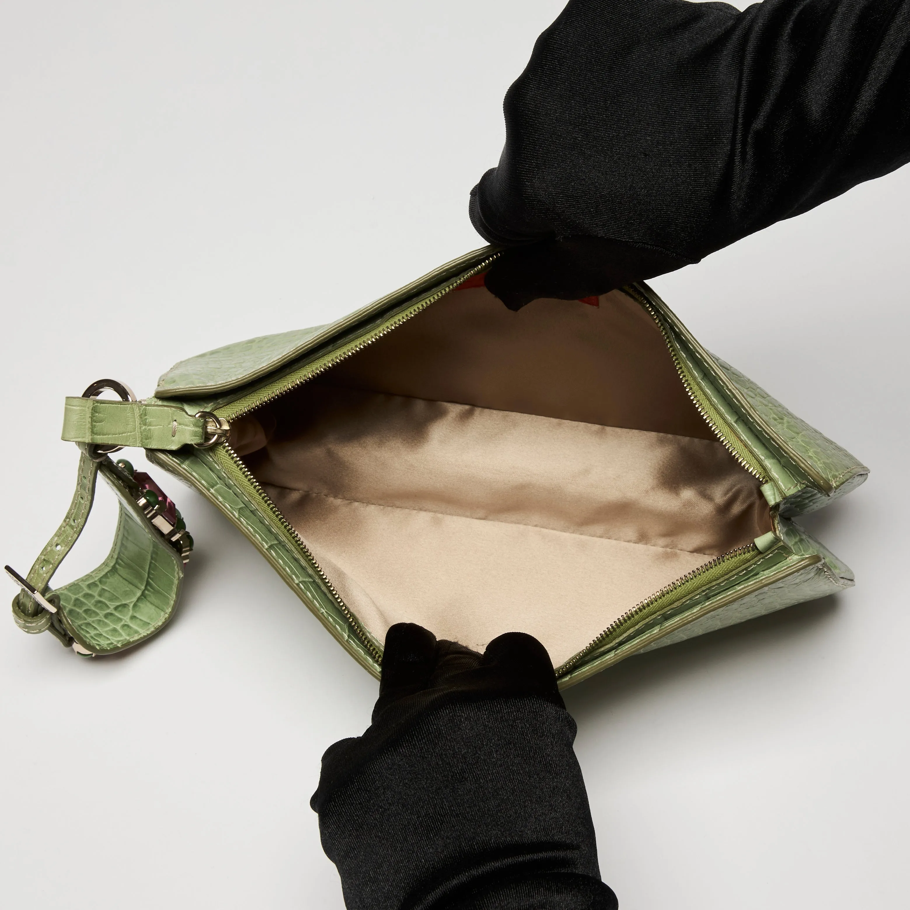 Valentino Green Crocodile Embossed Leather Clutch with Crystal Embellished Wrist Strap