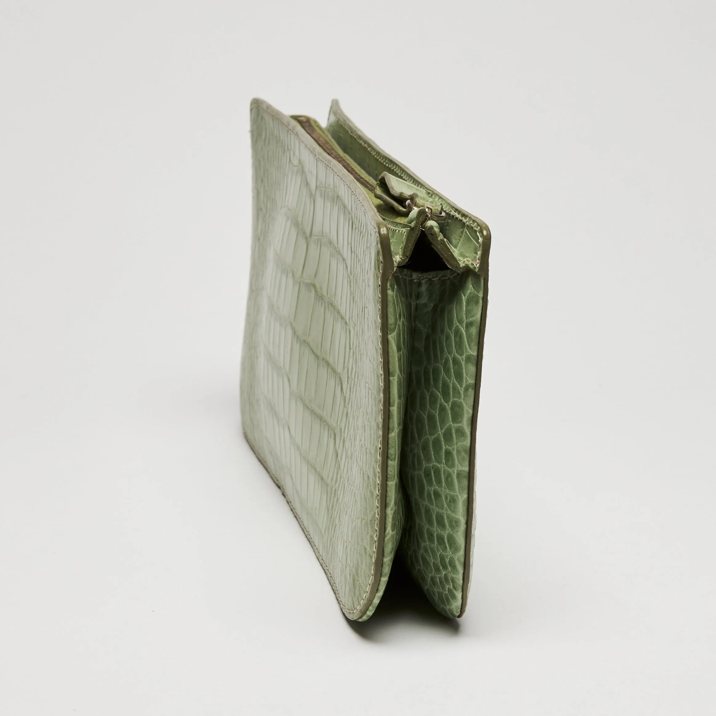 Valentino Green Crocodile Embossed Leather Clutch with Crystal Embellished Wrist Strap