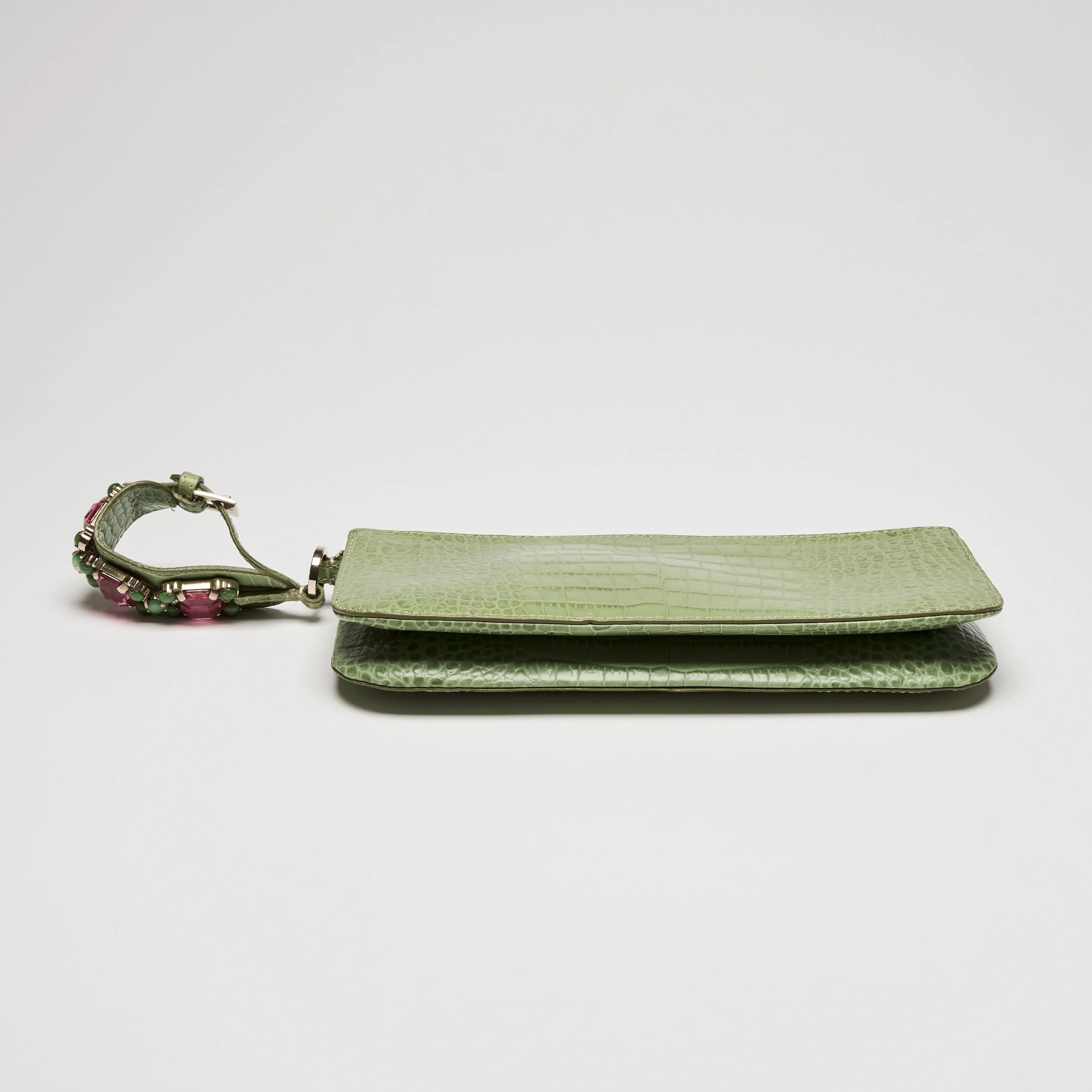 Valentino Green Crocodile Embossed Leather Clutch with Crystal Embellished Wrist Strap