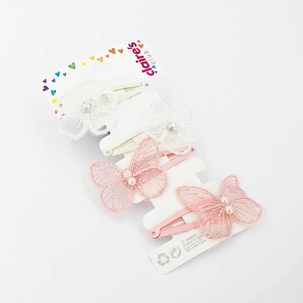 White Pink Clips & Grips Flower Butterfly - 4 Pieces