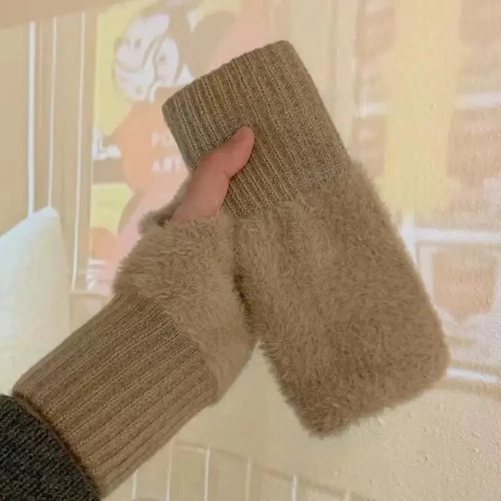 Women Men Half Finger Winter Imitation Mink Cashmere Gloves Touch Screen Writing Woolen Warm Mittens For Driving Outdoor Sports