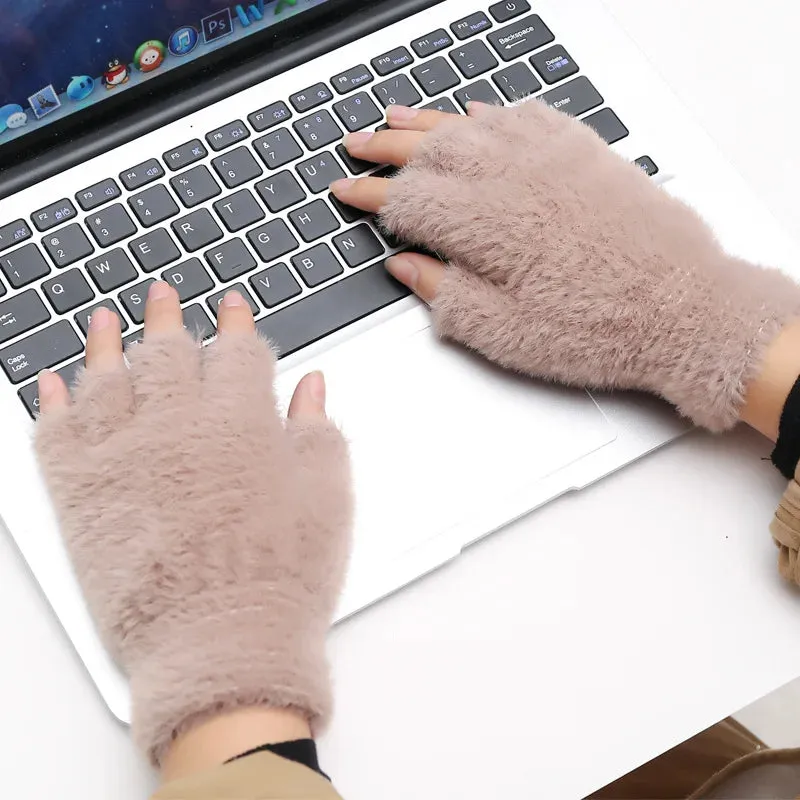 Women Men Half Finger Winter Imitation Mink Cashmere Gloves Touch Screen Writing Woolen Warm Mittens For Driving Outdoor Sports