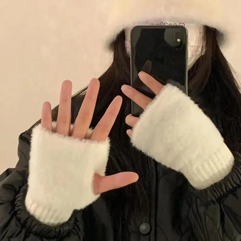 Women Men Half Finger Winter Imitation Mink Cashmere Gloves Touch Screen Writing Woolen Warm Mittens For Driving Outdoor Sports