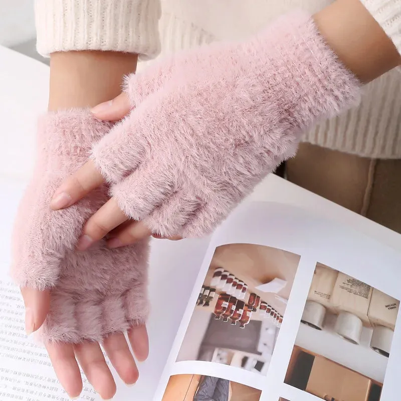 Women Men Half Finger Winter Imitation Mink Cashmere Gloves Touch Screen Writing Woolen Warm Mittens For Driving Outdoor Sports