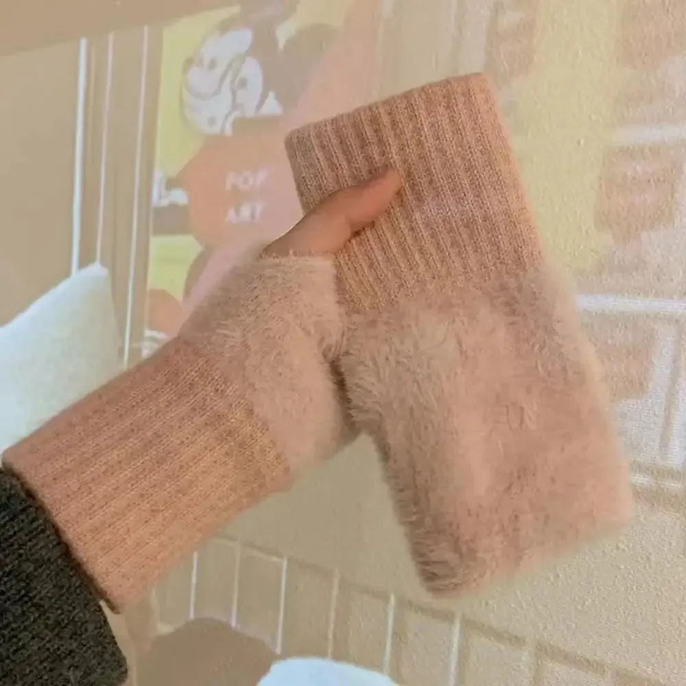 Women Men Half Finger Winter Imitation Mink Cashmere Gloves Touch Screen Writing Woolen Warm Mittens For Driving Outdoor Sports